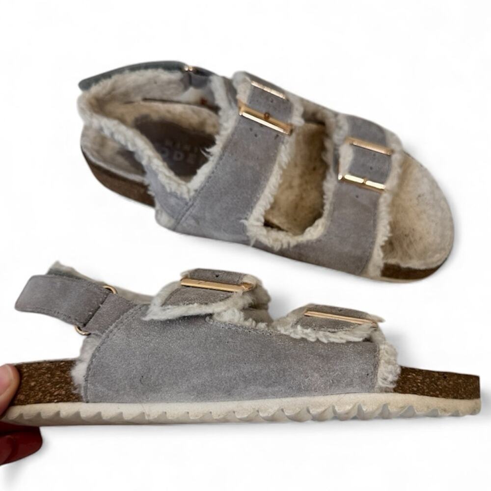 Mini Boden Grey Suede Leather Sherpa Lined Sandals Big Girls 1.5 Double Buckle